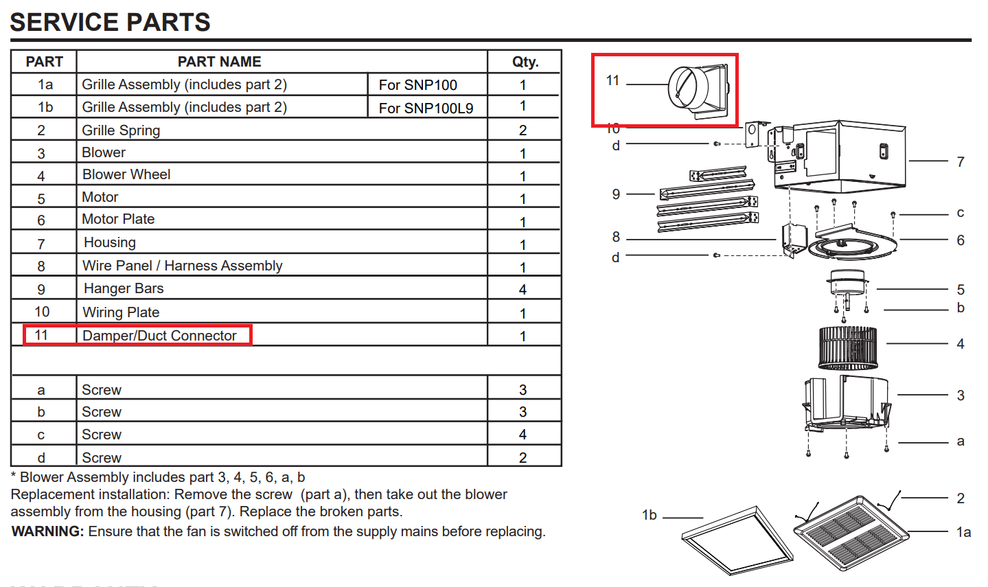 Duct Connector with Damper for SNP Series Bathroom Ventilation